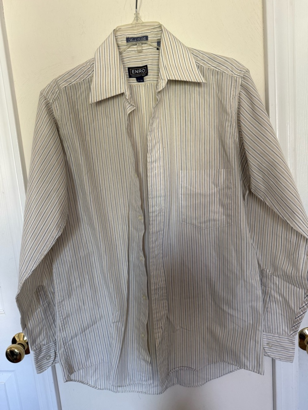 Enro Men’s Long Sleeve Striped Dress Shirt - Beige/Light Blue